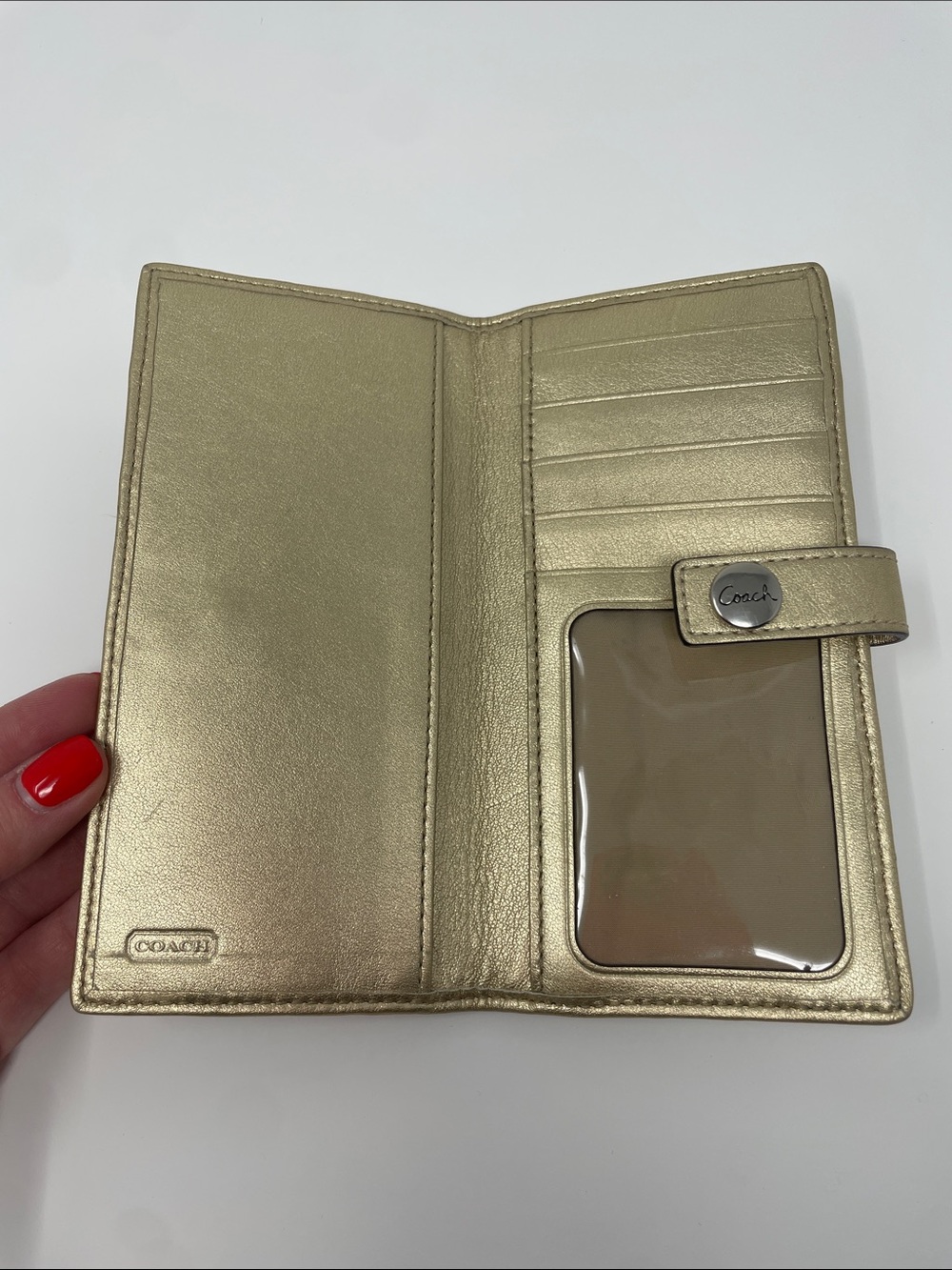 Coach Signature Tan Canvas Gold Leather Trim Credit Card Bifold Wallet - Picture 2 of 4
